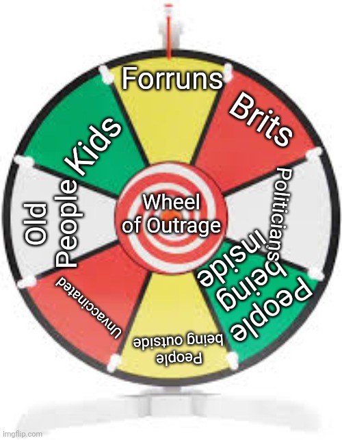 Spinning Wheel | Forruns; Brits; Kids; Wheel of Outrage; Politicians; Old People; People being inside; Unvaccinated; People being outside | image tagged in spinning wheel | made w/ Imgflip meme maker