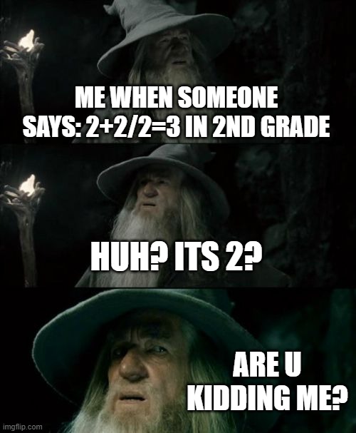 Confused Gandalf Meme | ME WHEN SOMEONE SAYS: 2+2/2=3 IN 2ND GRADE HUH? ITS 2? ARE U KIDDING ME? | image tagged in memes,confused gandalf | made w/ Imgflip meme maker