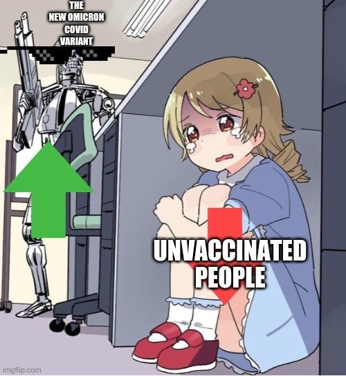 Anime Girl Hiding from Terminator | THE NEW OMICRON COVID VARIANT; UNVACCINATED PEOPLE | image tagged in anime girl hiding from terminator,covid-19,omicron | made w/ Imgflip meme maker