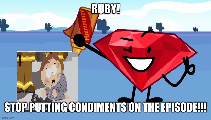 condiments | RUBY! STOP PUTTING CONDIMENTS ON THE EPISODE!!! | image tagged in south park,bfdi | made w/ Imgflip meme maker