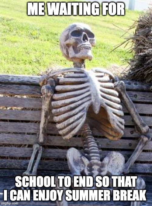 school goes by very slowly | ME WAITING FOR; SCHOOL TO END SO THAT I CAN ENJOY SUMMER BREAK | image tagged in memes,waiting skeleton | made w/ Imgflip meme maker