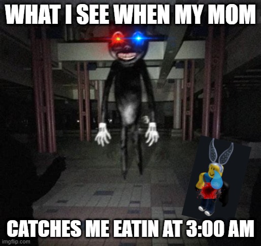 what cartoonmouse124 sees when he eating at 3:00 am |  WHAT I SEE WHEN MY MOM; CATCHES ME EATIN AT 3:00 AM | image tagged in cartoon cat,cartoonmouse124,rip cartoonmouse124,lol,run,what cartoonmouse124 sees at 3 00 am | made w/ Imgflip meme maker