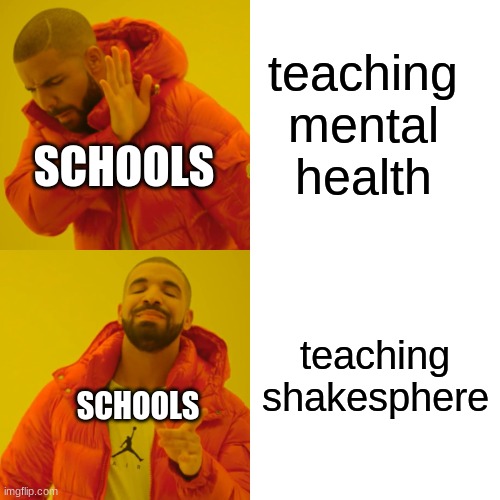 why just why | teaching mental health; SCHOOLS; teaching shakesphere; SCHOOLS | image tagged in memes,drake hotline bling | made w/ Imgflip meme maker