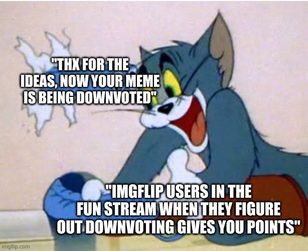 Tom and Jerry | "THX FOR THE IDEAS, NOW YOUR MEME IS BEING DOWNVOTED" "IMGFLIP USERS IN THE FUN STREAM WHEN THEY FIGURE OUT DOWNVOTING GIVES YOU POINTS" | image tagged in tom and jerry | made w/ Imgflip meme maker