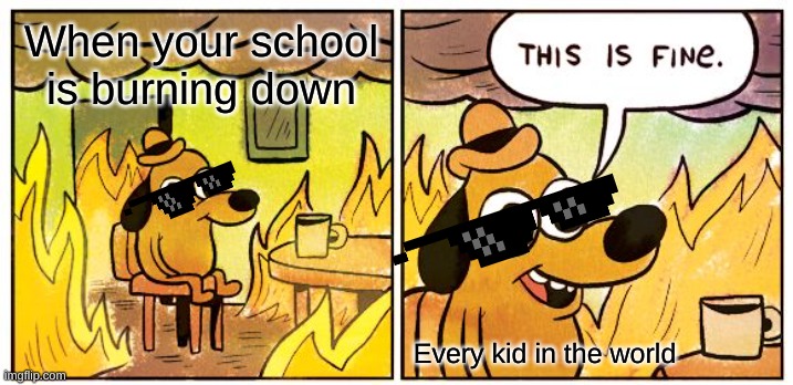 This Is Fine Meme |  When your school is burning down; Every kid in the world | image tagged in memes,this is fine | made w/ Imgflip meme maker