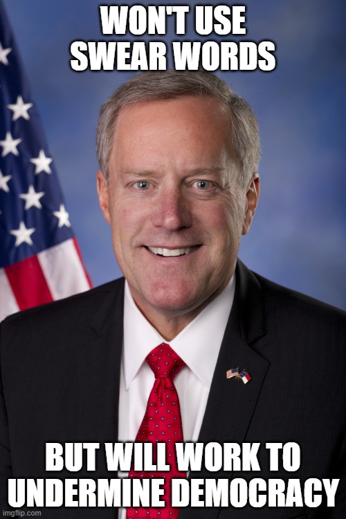 Mark Meadows | WON'T USE SWEAR WORDS; BUT WILL WORK TO UNDERMINE DEMOCRACY | image tagged in mark meadows | made w/ Imgflip meme maker