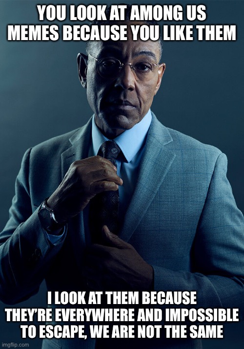 Gus Fring we are not the same | YOU LOOK AT AMONG US MEMES BECAUSE YOU LIKE THEM I LOOK AT THEM BECAUSE THEY’RE EVERYWHERE AND IMPOSSIBLE TO ESCAPE, WE ARE NOT THE SAME | image tagged in gus fring we are not the same | made w/ Imgflip meme maker