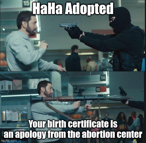 Good roast to use anytime |  HaHa Adopted; Your birth certificate is an apology from the abortion center | image tagged in eminem rocket launcher,roasted,roast | made w/ Imgflip meme maker