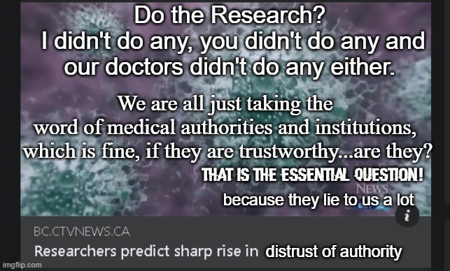 The Research Meme |  Do the Research?
 I didn't do any, you didn't do any and our doctors didn't do any either. We are all just taking the word of medical authorities and institutions,
 which is fine, if they are trustworthy...are they? That is the essential question! because they lie to us a lot; distrust of authority | image tagged in researchers predict a sharp rise in,research,lies,medicine | made w/ Imgflip meme maker