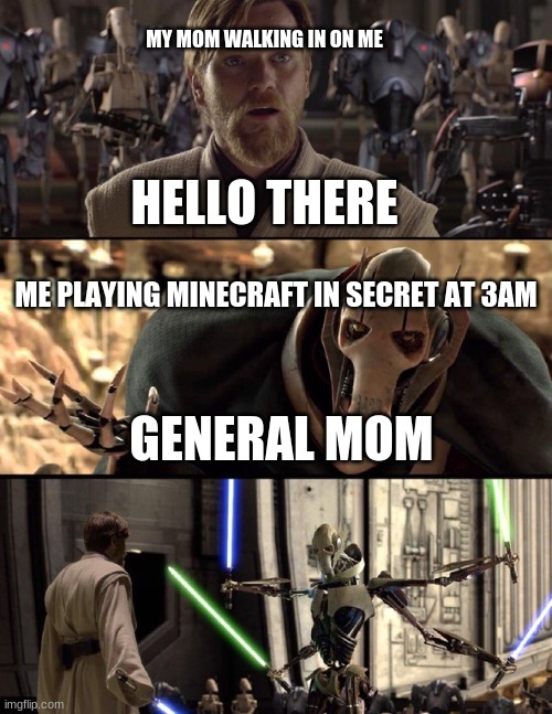 General Kenobi "Hello there" | MY MOM WALKING IN ON ME; HELLO THERE; ME PLAYING MINECRAFT IN SECRET AT 3AM; GENERAL MOM | image tagged in general kenobi hello there | made w/ Imgflip meme maker