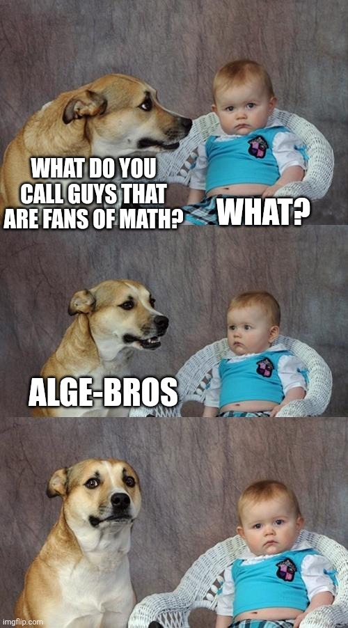 All these jokes add up to something | WHAT DO YOU CALL GUYS THAT ARE FANS OF MATH? WHAT? ALGE-BROS | image tagged in memes,dad joke dog | made w/ Imgflip meme maker