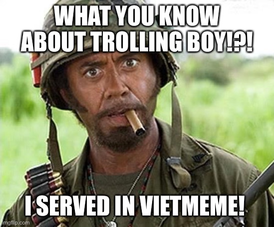 Robert Downey Jr Tropic Thunder | WHAT YOU KNOW ABOUT TROLLING BOY!?! I SERVED IN VIETMEME! | image tagged in robert downey jr tropic thunder,funny memes | made w/ Imgflip meme maker