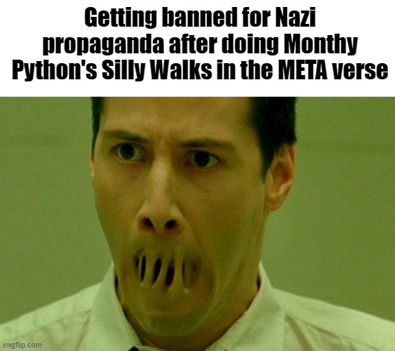 META verse | Getting banned for Nazi propaganda after doing Monthy Python's Silly Walks in the META verse | image tagged in meta,the matrix,banned,monty python,fun,facebook | made w/ Imgflip meme maker