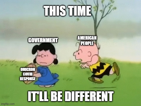 Omicron Response | THIS TIME; GOVERNMENT; AMERICAN PEOPLE; OMICRON COVID RESPONSE; IT'LL BE DIFFERENT | image tagged in covid-19,omicron,dumb people,americans,usa | made w/ Imgflip meme maker