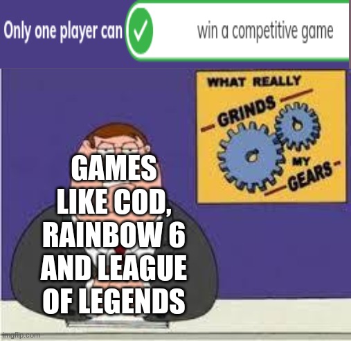 creative title that i absolutely thought of | GAMES LIKE COD, RAINBOW 6 AND LEAGUE OF LEGENDS | image tagged in you know what really grinds my gears | made w/ Imgflip meme maker