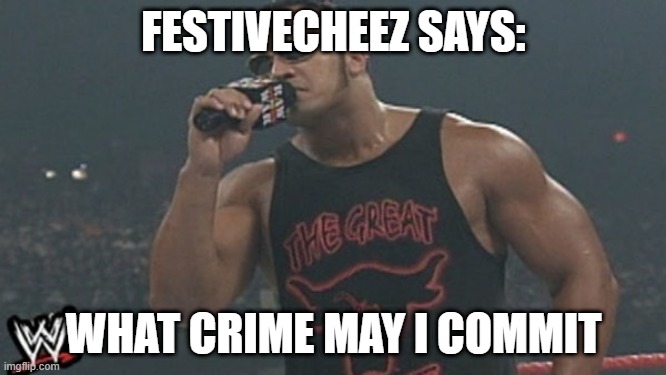 FESTIVECHEEZ SAYS:; WHAT CRIME MAY I COMMIT | made w/ Imgflip meme maker