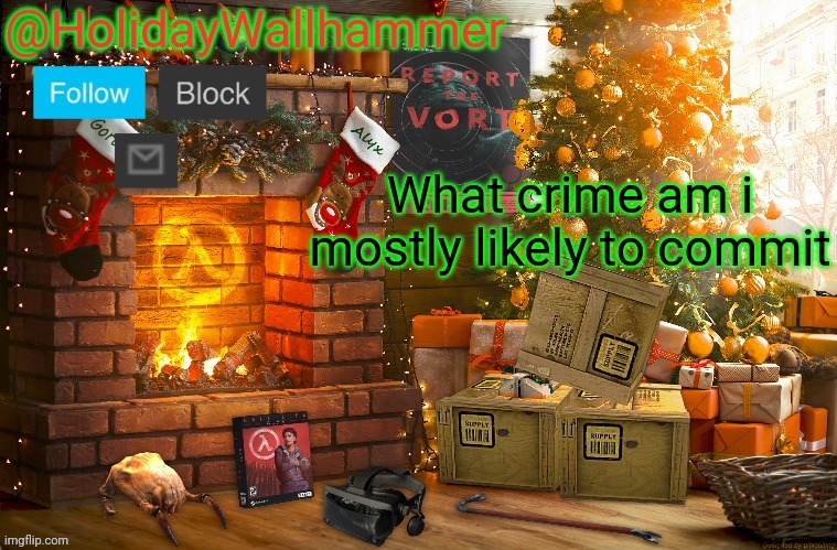 What crime am i mostly likely to commit | image tagged in wallhammer christmas temp | made w/ Imgflip meme maker