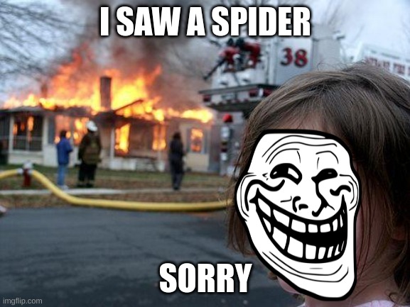 saw a spider | I SAW A SPIDER; SORRY | image tagged in memes,disaster girl,spider,troll | made w/ Imgflip meme maker