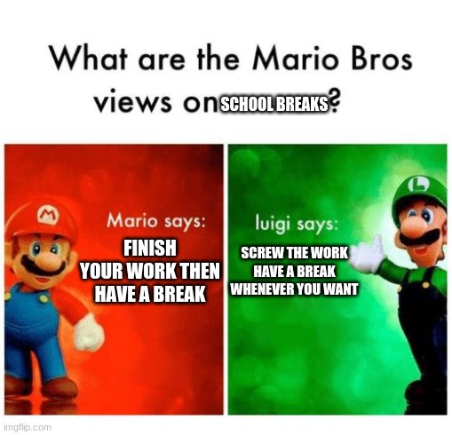 hehe | SCHOOL BREAKS; FINISH YOUR WORK THEN HAVE A BREAK; SCREW THE WORK HAVE A BREAK WHENEVER YOU WANT | image tagged in mario says luigi says | made w/ Imgflip meme maker