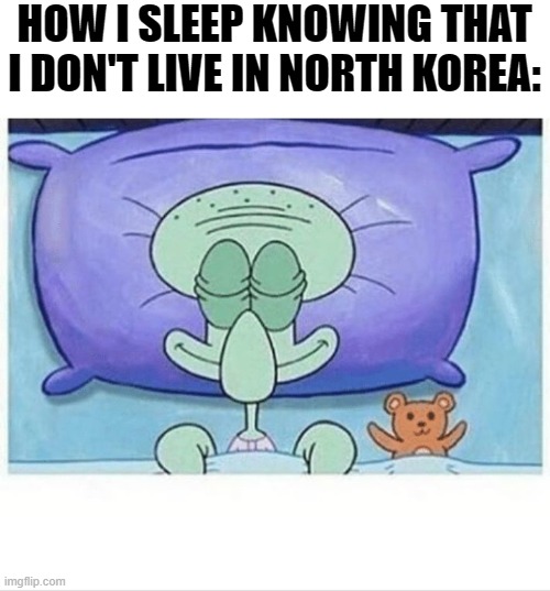 I am thankful! | HOW I SLEEP KNOWING THAT I DON'T LIVE IN NORTH KOREA: | image tagged in squidward how i sleep,memes,north korea | made w/ Imgflip meme maker