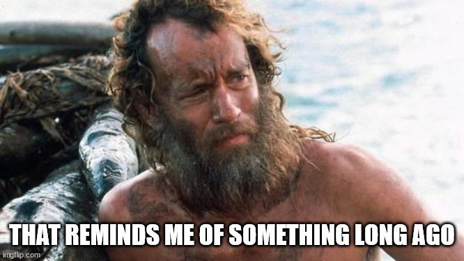 tom hanks castaway | THAT REMINDS ME OF SOMETHING LONG AGO | image tagged in tom hanks castaway | made w/ Imgflip meme maker