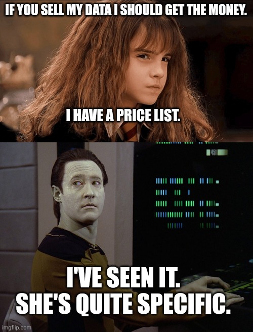 do you really think your news feed is that valuable  that we should allow this sort of data collection? | IF YOU SELL MY DATA I SHOULD GET THE MONEY. I HAVE A PRICE LIST. I'VE SEEN IT.
SHE'S QUITE SPECIFIC. | image tagged in wot,data-computer | made w/ Imgflip meme maker