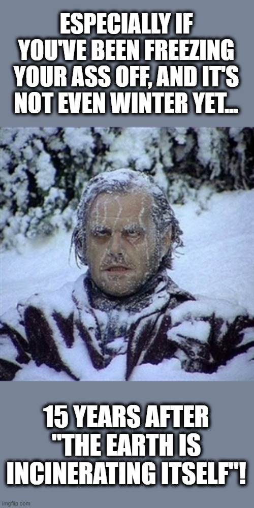 Frozen Guy | 15 YEARS AFTER "THE EARTH IS INCINERATING ITSELF"! ESPECIALLY IF YOU'VE BEEN FREEZING YOUR ASS OFF, AND IT'S NOT EVEN WINTER YET... | image tagged in frozen guy | made w/ Imgflip meme maker