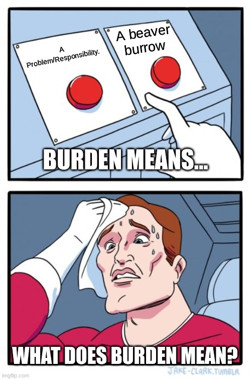 Two Buttons | A beaver burrow; A Problem/Responsibility. BURDEN MEANS... WHAT DOES BURDEN MEAN? | image tagged in memes,two buttons | made w/ Imgflip meme maker