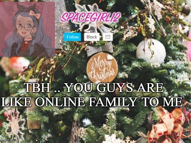 Spacegirl12 christmas | TBH .. YOU GUYS ARE LIKE ONLINE FAMILY TO ME | image tagged in spacegirl12 christmas | made w/ Imgflip meme maker