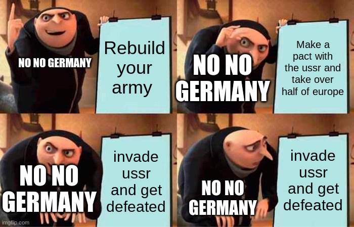 no no Germany in a nutshell | Rebuild your army; Make a pact with the ussr and take over half of europe; NO NO GERMANY; NO NO GERMANY; invade ussr and get defeated; invade ussr and get defeated; NO NO GERMANY; NO NO GERMANY | image tagged in memes,gru's plan | made w/ Imgflip meme maker