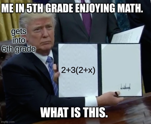 Trump Bill Signing | ME IN 5TH GRADE ENJOYING MATH. gets into 6th grade; 2+3(2+x); WHAT IS THIS. | image tagged in memes,trump bill signing | made w/ Imgflip meme maker