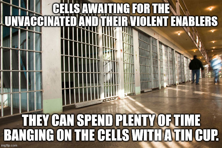 Best place to handle the anti-vaxxers. While everyone else enjoys their lives. | CELLS AWAITING FOR THE UNVACCINATED AND THEIR VIOLENT ENABLERS; THEY CAN SPEND PLENTY OF TIME BANGING ON THE CELLS WITH A TIN CUP. | image tagged in antivax,prisoners,lunatic,lockdown | made w/ Imgflip meme maker