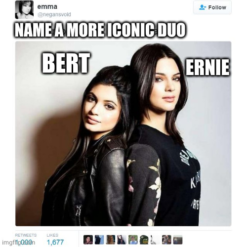 Name a More Iconic Duo | BERT NAME A MORE ICONIC DUO ERNIE | image tagged in name a more iconic duo | made w/ Imgflip meme maker