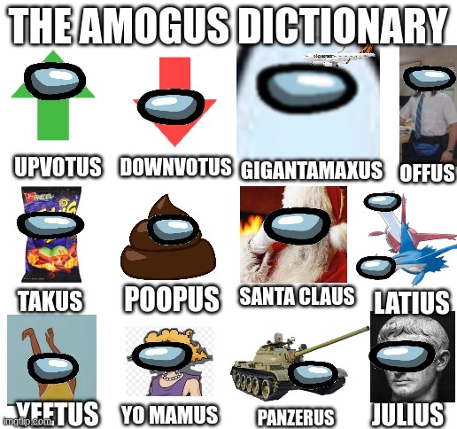 Amogus Dictionary 8 | THE AMOGUS DICTIONARY; UPVOTUS; OFFUS; DOWNVOTUS; GIGANTAMAXUS; SANTA CLAUS; POOPUS; TAKUS; LATIUS; YEETUS; JULIUS; YO MAMUS; PANZERUS | image tagged in blank white template,amogus,dictionary,sus | made w/ Imgflip meme maker