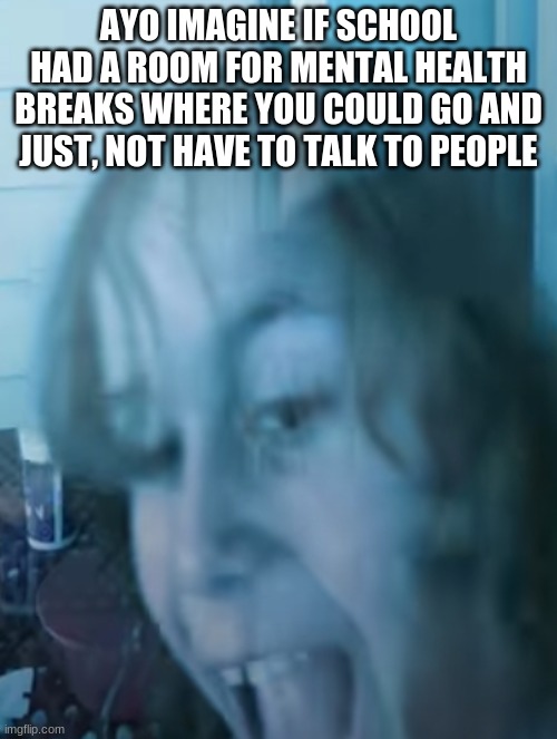 tired insane child | AYO IMAGINE IF SCHOOL HAD A ROOM FOR MENTAL HEALTH BREAKS WHERE YOU COULD GO AND JUST, NOT HAVE TO TALK TO PEOPLE | image tagged in tired insane child | made w/ Imgflip meme maker