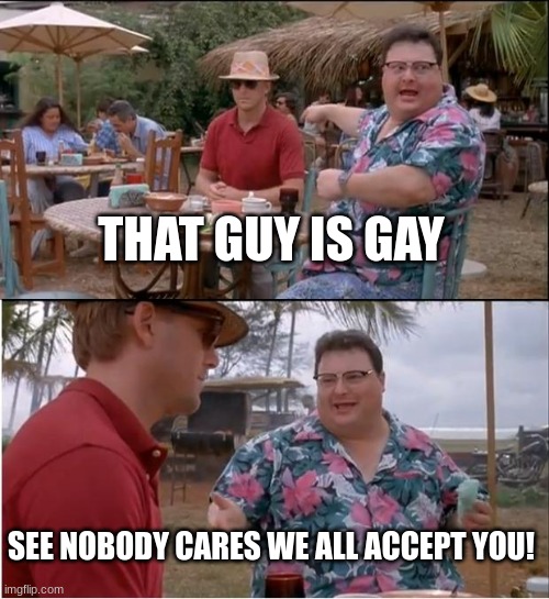 See Nobody Cares | THAT GUY IS GAY; SEE NOBODY CARES WE ALL ACCEPT YOU! | image tagged in memes,see nobody cares | made w/ Imgflip meme maker