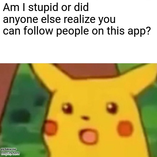 Surprised Pikachu | Am I stupid or did anyone else realize you can follow people on this app? pls follow me I am sorta funny | image tagged in memes,surprised pikachu | made w/ Imgflip meme maker