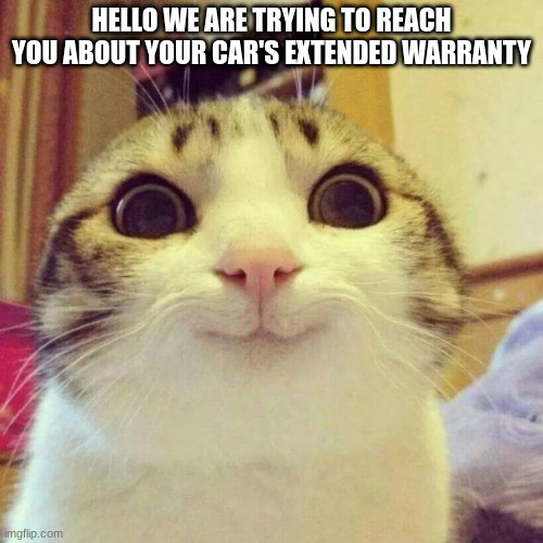 Smiling Cat |  HELLO WE ARE TRYING TO REACH YOU ABOUT YOUR CAR'S EXTENDED WARRANTY | image tagged in memes,smiling cat | made w/ Imgflip meme maker