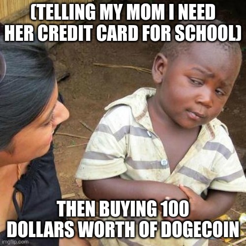 Third World Skeptical Kid Meme | (TELLING MY MOM I NEED HER CREDIT CARD FOR SCHOOL); THEN BUYING 100 DOLLARS WORTH OF DOGECOIN | image tagged in memes,third world skeptical kid | made w/ Imgflip meme maker