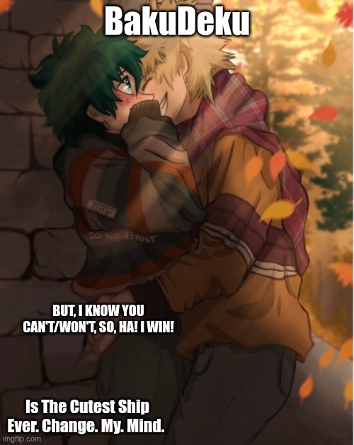 BakuDeku; BUT, I KNOW YOU CAN'T/WON'T, SO, HA! I WIN! Is The Cutest Ship Ever. Change. My. Mind. | image tagged in bakugo,deku | made w/ Imgflip meme maker