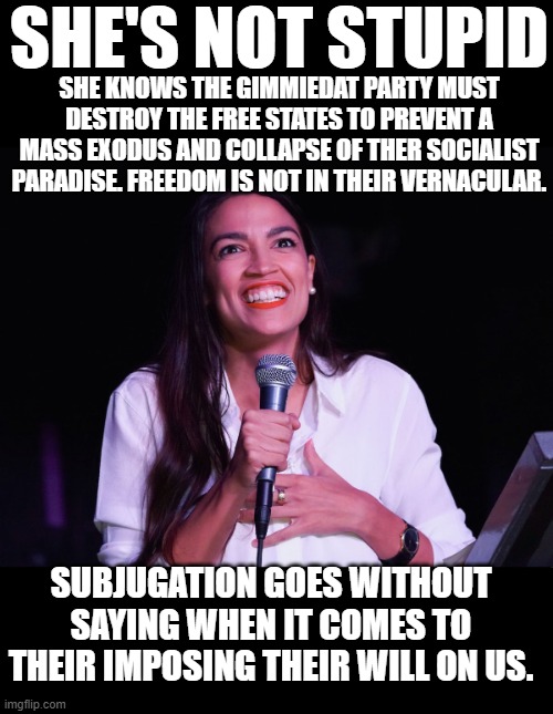 yep | SHE'S NOT STUPID; SHE KNOWS THE GIMMIEDAT PARTY MUST DESTROY THE FREE STATES TO PREVENT A MASS EXODUS AND COLLAPSE OF THER SOCIALIST PARADISE. FREEDOM IS NOT IN THEIR VERNACULAR. SUBJUGATION GOES WITHOUT SAYING WHEN IT COMES TO THEIR IMPOSING THEIR WILL ON US. | image tagged in aoc crazy | made w/ Imgflip meme maker