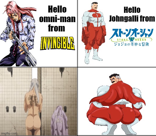 Anime Johngalli is so THICC | Hello Johngalli from; Hello omni-man from | image tagged in jojo's bizarre adventure,memes,anime,invincible,omni man | made w/ Imgflip meme maker