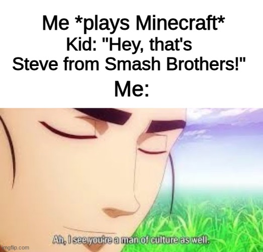 yes | Me *plays Minecraft*; Kid: "Hey, that's Steve from Smash Brothers!"; Me: | image tagged in ah i see your a man of culture as well | made w/ Imgflip meme maker