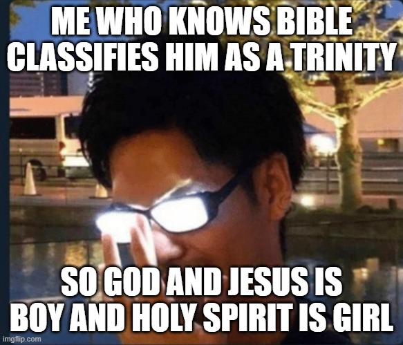 Anime glasses | ME WHO KNOWS BIBLE CLASSIFIES HIM AS A TRINITY SO GOD AND JESUS IS BOY AND HOLY SPIRIT IS GIRL | image tagged in anime glasses | made w/ Imgflip meme maker