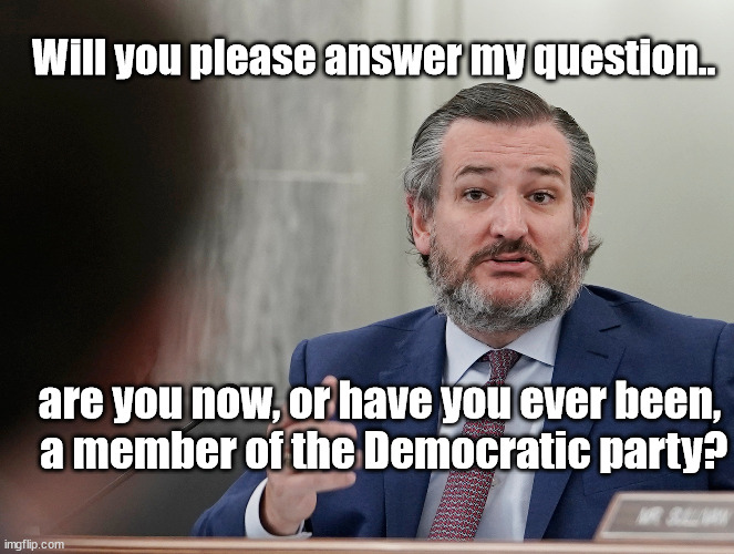 Senate Confirmation hearings, 2025 | Will you please answer my question.. are you now, or have you ever been,

 a member of the Democratic party? | image tagged in ted cruz,election 2024,maga | made w/ Imgflip meme maker