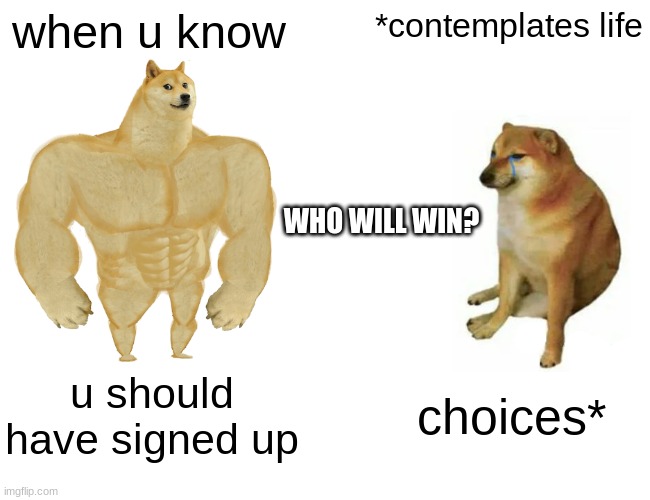 Buff Doge vs. Cheems | when u know; *contemplates life; WHO WILL WIN? u should have signed up; choices* | image tagged in memes,buff doge vs cheems,wrestling | made w/ Imgflip meme maker