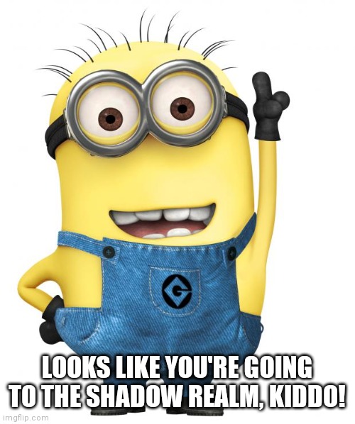 minions | LOOKS LIKE YOU'RE GOING TO THE SHADOW REALM, KIDDO! | image tagged in minions | made w/ Imgflip meme maker