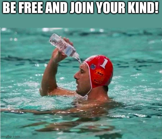 Waterbottle Swimmer | BE FREE AND JOIN YOUR KIND! | image tagged in waterbottle swimmer | made w/ Imgflip meme maker
