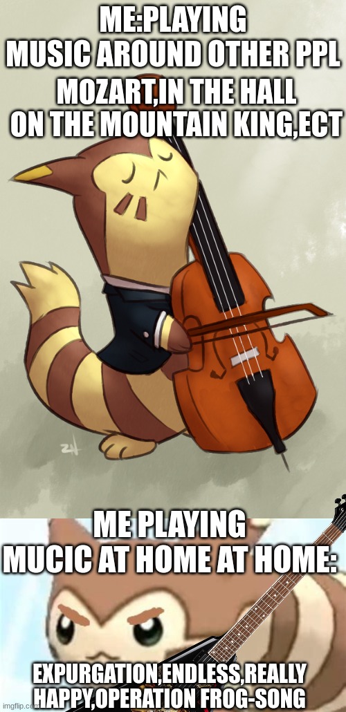 Theres a difference | ME:PLAYING MUSIC AROUND OTHER PPL; MOZART,IN THE HALL ON THE MOUNTAIN KING,ECT; ME PLAYING MUCIC AT HOME AT HOME:; EXPURGATION,ENDLESS,REALLY HAPPY,OPERATION FROG-SONG | image tagged in furret music,angry furret | made w/ Imgflip meme maker