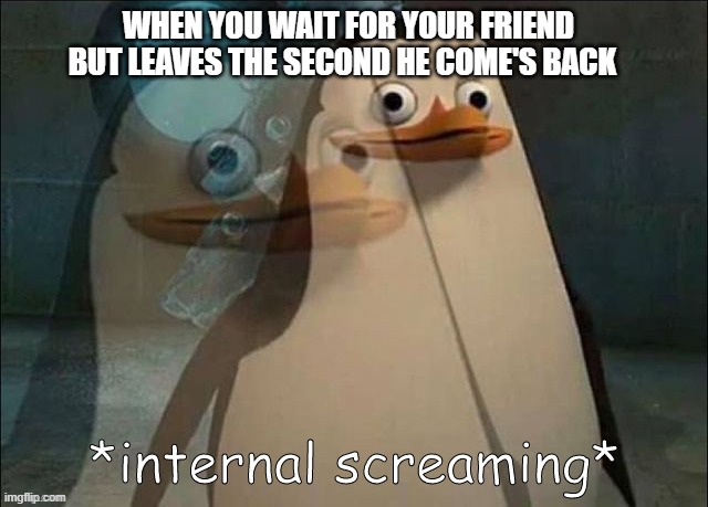 Private Internal Screaming | WHEN YOU WAIT FOR YOUR FRIEND BUT LEAVES THE SECOND HE COME'S BACK | image tagged in private internal screaming | made w/ Imgflip meme maker